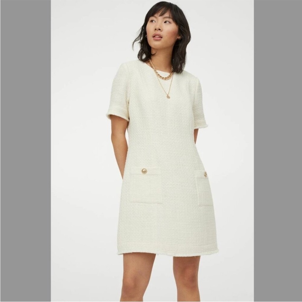 NWT H&M Cream Boucle Short Sleeve Dress w/ Fringe Trim, M